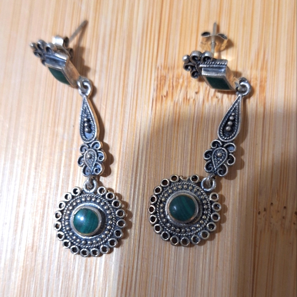 Dangle Earrings with Malachite Stone Accents